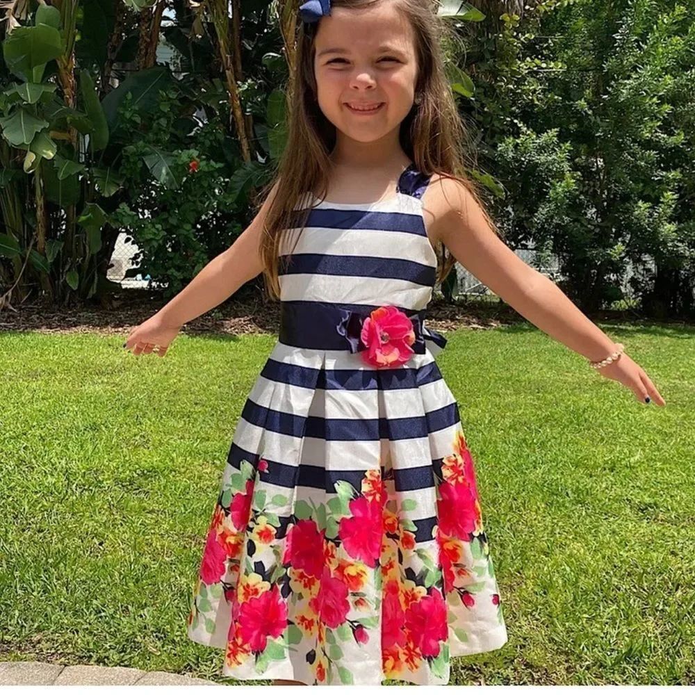 NEW Bonnie Jean Navy Blue Striped Flower Formal Party Satin Dress Size 2T